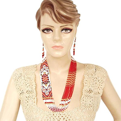Handmade Beaded Indian Necklace,Inspired by Native American Style Long Necklace Earrings Set,One of a Kind beaded Necklace for Women,Perfect for Occasions, Gifts - color: Red, White