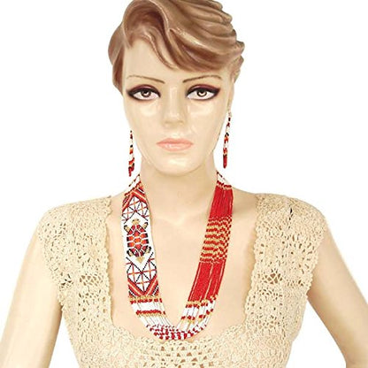 Handmade Beaded Indian Necklace,Inspired by Native American Style Long Necklace Earrings Set,One of a Kind beaded Necklace for Women,Perfect for Occasions, Gifts - color: Red, White