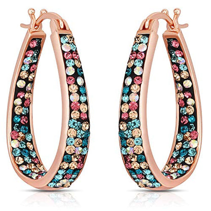 Savlano Inside Out Oval Shape Crystal Hoop Earrings For Women Comes With Savlano Gift Box - color: Rose Gold Multicolor