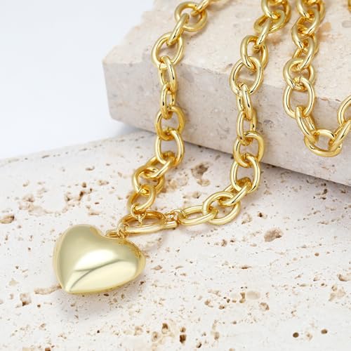 Chunky Gold Necklace for Women, 18K Waterproof Heart Necklace Statement Necklace Gold Charm Necklace Chunky Jewelry Paperclip Chain Choker Gift for Women - style: Bubble Heart