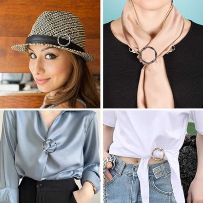 Tie Clips for Women & Girls - Twist Tee Knot Scarf Clip Waist Clothes Corner Knotted Button Fashion Metal Circle Buckle Alloy Clothing Ring Wrap Holder Round Scarves Clasp