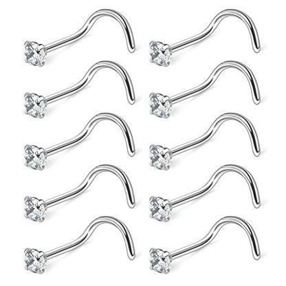 10-30PCS 18G Surgical Steel Mix Color Diamond CZ Nose Stud Rings Screw Piercing Jewelry 1.5mm 2mm 2.5mm 3mm - style: 10PCS - 2.5mm Clear CZ