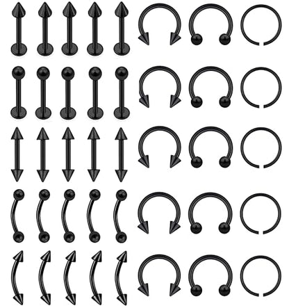 40Pcs 16G Lip Rings Stainless Steel Horseshoe Labret Monroe Lip Barbell Eyebrow Nose Ring Medusa Piercing Jewelry for Women Men - color: black