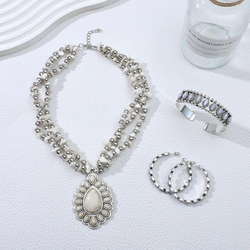 NEWITIN 4 Pieces Silver Bohemian Jewelry Set for Women Fashion Costume Jewels Turquoise Necklace Bracelet Earrings Western Turquoise Jewelry Set for Women - color: White Turquoise B