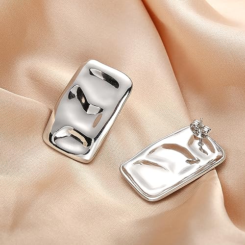 Geometric Rectangle Gold Plated Stud Earrings Irregular Hammered Chunky Statement Square Earrings for Women Trendy - color: Silver Rectangle