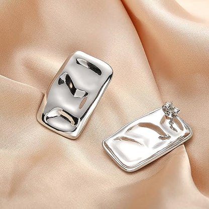 Geometric Rectangle Gold Plated Stud Earrings Irregular Hammered Chunky Statement Square Earrings for Women Trendy - color: Silver Rectangle