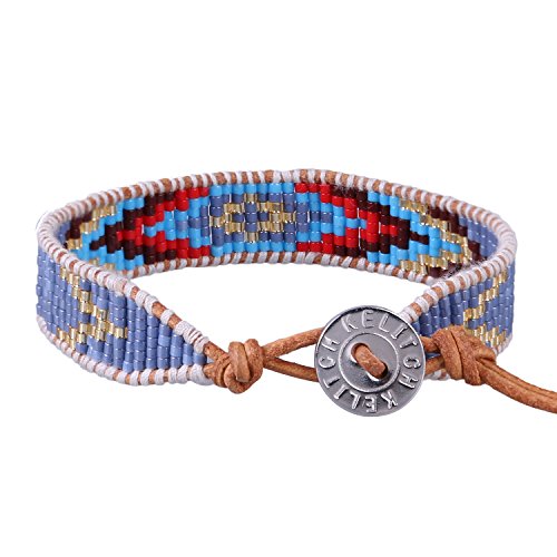 KELITCH Women Pearls Friendship Bracelets Handmade Blue Seed Bead Leather Wrap Bracelet Fashion Jewelry - color: E