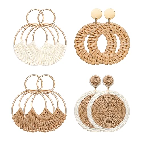 Raffia Hoop Earrings for Women Fun Boho Summer Beach Earrings Lightweight Handmade Straw Wicker Rattan Dangle Earrings Statement Geometric Round Drop Earrings - color: Set - Round
