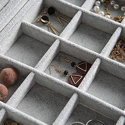 Frebeauty Velvet Jewelry Tray,35 Grid Jewelry Organizer with Clear Lid,Earring Holder Organizer Case with Clasp,Drawer Insert for Rings Studs,13.8 x 9.5 x 2 Inches,Gift for Women Girls(Grey) | Drawer Jewelry Organizer for Rings Studs Beads,Adjustable Divi