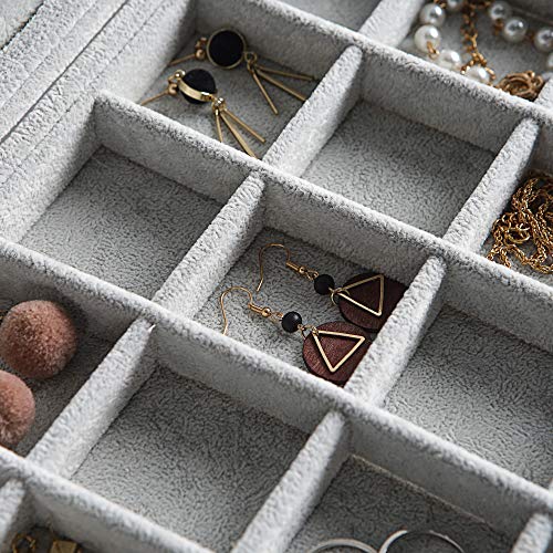 Frebeauty Velvet Jewelry Tray,35 Grid Jewelry Organizer with Clear Lid,Earring Holder Organizer Case with Clasp,Drawer Insert for Rings Studs,13.8 x 9.5 x 2 Inches,Gift for Women Girls(Grey) | Drawer Jewelry Organizer for Rings Studs Beads,Adjustable Divi