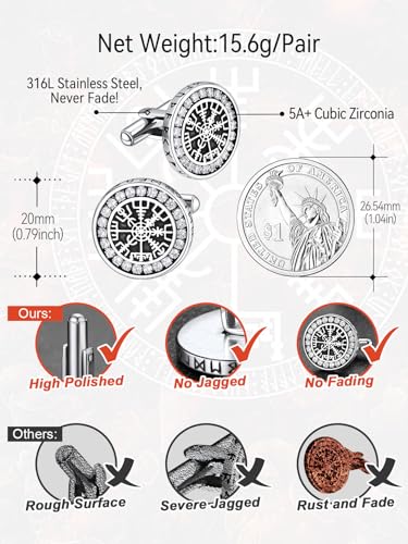 FaithHeart Mens Cufflinks, Norse Viking Tuxedo Shirt Cuff Links, Stainless Steel Cuff Links and Shirt Studs, Gift Box - style: 01. Compass CZ-Silver