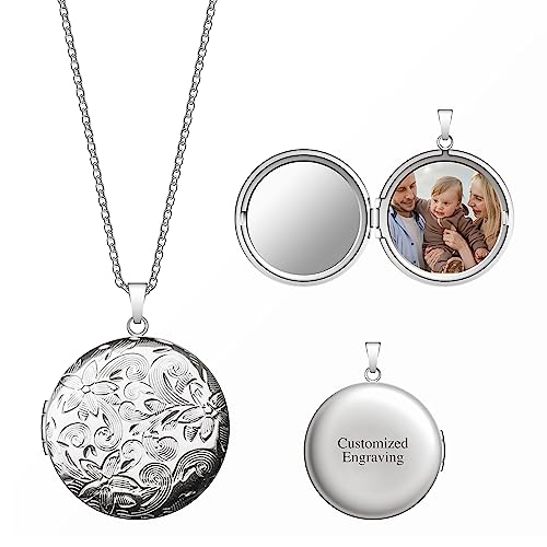 Locket Necklace for Women Girls, 18” Jewelry Chain, Picture Photo Inside, Cadenas para mujer, Personalized Custom Name Gold Locket, Customized Couples Locket, Silver, Rose Gold, Gold - color: Silver, style: 1 Photo + Engraving Necklace