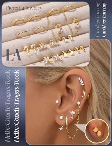 LOLIAS Hypoallergenic Gold Threadless Flat Back Stud Earrings for Women | 20G 18G 16G Surgical Steel Earrings Push in Nose Studs CZ Cartilage Earring Set Labret Helix Tragus Conch Piercing Jewelry - color: 14K Gold, size: 20G(0.8MM)-Leaf&Wings