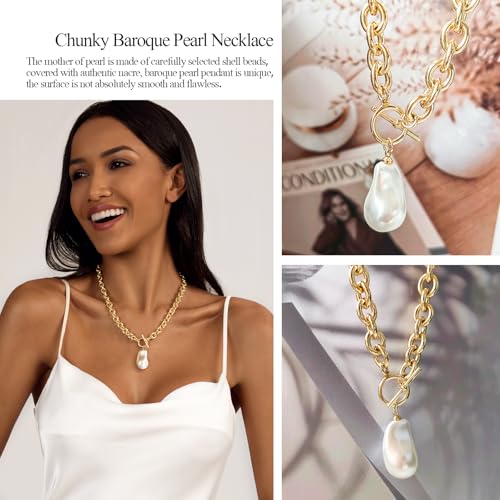 Zeffy 14K Gold/Silver Plated Chunky Thick Chain Toggle Clasp Necklace Dainty Baroque Pearl/Heart/Cross/Turquoise Pendant Necklace - color: Gold Baroque Pearl Necklace