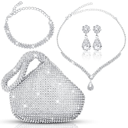 4 Pcs Silver Clutch Purse Jewelry Set for Women Rave Accessories Evening Rhinestone Purse Silver for Bride Wedding - style: Shiny Style