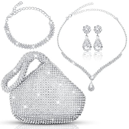 4 Pcs Silver Clutch Purse Jewelry Set for Women Rave Accessories Evening Rhinestone Purse Silver for Bride Wedding - style: Shiny Style