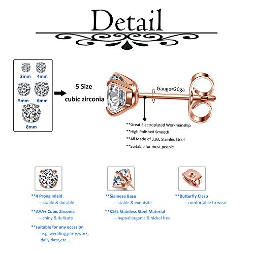Top Plaza Stainless Steel Stud Earrings, CZ Earring Set for Women Men | Hypoallergenic Stud Earrings Round Cubic Zirconia Earrings Set of 5, 3mm-8mm Daily Studs - color: Black