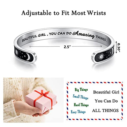 TONY & SANDY Inspirational Bracelets for Women Teen Girls Personalized Gifts for Daughter Granddaughter Mom Sister Friends Stainless Steel Engraved Cuff Birthday Easter Christmas - style: A - Sun & Moon - Beautiful you can do amazing things