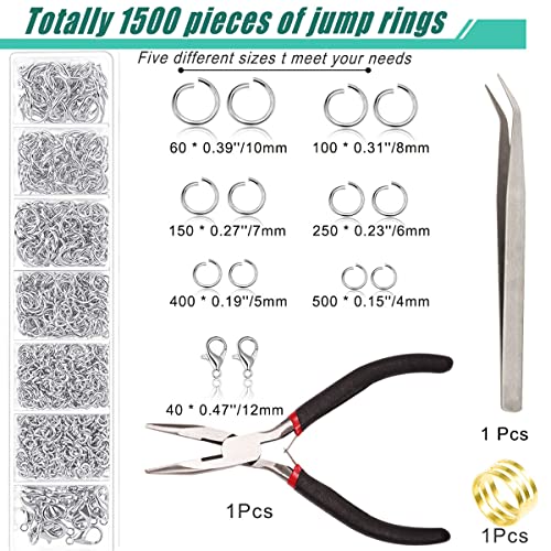 Open Jump Rings, 1500 pcs Jump Rings and Lobster Clasps Jewelry Finding Kit Jewelry Making Tools with Pliers Tweezers for Jewelry Making Necklace Repair - color: White K