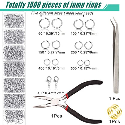 Open Jump Rings, 1500 pcs Jump Rings and Lobster Clasps Jewelry Finding Kit Jewelry Making Tools with Pliers Tweezers for Jewelry Making Necklace Repair - color: White K