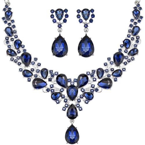 Hicarer Bridal Teardrop Cluster Crystal Jewelry Set for Women Necklace Earrings Wedding - color: Dark Blue