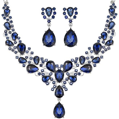 Hicarer Bridal Teardrop Cluster Crystal Jewelry Set for Women Necklace Earrings Wedding - color: Dark Blue