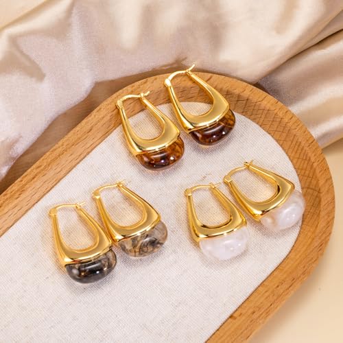 LAXPICOL Gold Chunky Dangle Earrings For Women Resin Stone Earrings Hoop Earrings, 18k Plated Oval Resin Stone Statement Earrings for Women Unique Dangling Teardrop Baroque Huggies Hoop Earrings - color: Gold