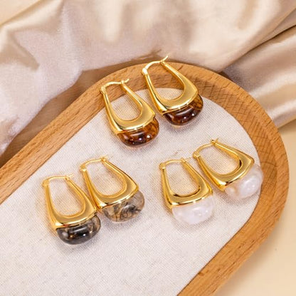 LAXPICOL Gold Chunky Dangle Earrings For Women Resin Stone Earrings Hoop Earrings, 18k Plated Oval Resin Stone Statement Earrings for Women Unique Dangling Teardrop Baroque Huggies Hoop Earrings - color: Gold