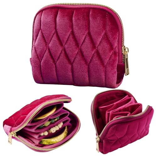 KALUYA shunmei Small Jewelry Travel Case, Diamond Quilted Velvet, Dark Red | 4.72"x4.72" bag with zipper, 5-layer velvet organizer pouch, for bangle, bracelet, earring, necklace, ring, for women girls - color: Dark Red
