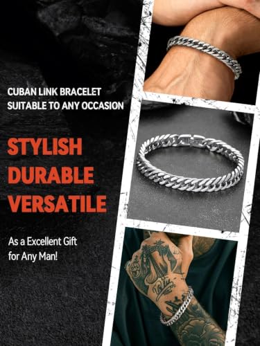 FaithHeart Mens Stainless Steel Cuban Link Bracelet, Tarnish Resistant | 6/8/12/17mm Silver/Black/Gold Sturdy Hip Hop Wrist Chain Bracelets Daily Wear with Gift Box, 7.5"/8.3"/9.1" Length - color: A. Silver-8mm Width, size: Length 7.5 Inches