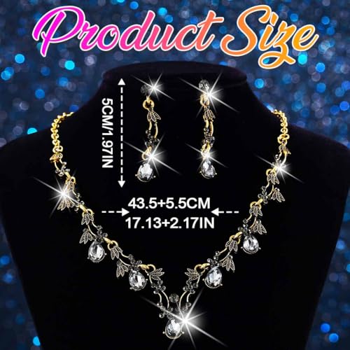 Gold Rhinestone Jewelry Set Bridal Wedding Necklace Earrings Sets Prom Formal Costume Jewelry for Women and Brides - color: Black