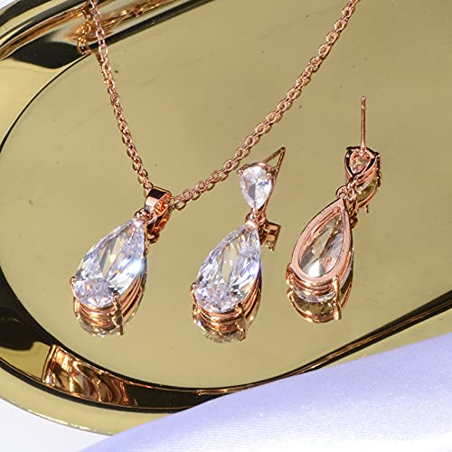 Wedding Jewelry Set for Bridesmaids - Sterling Silver Teardrop CZ Crystal Cubic Zirconia Rhinestone Diamond Bridal Necklace Earrings Set for Bride Mother of Bride Party Prom Birthstone Costume Jewelry - color: 14k rose gold plated