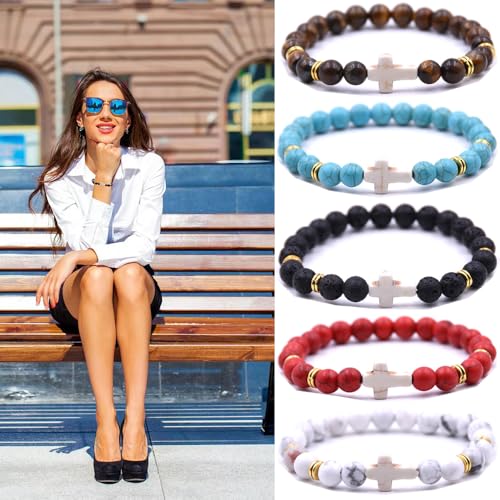 Beaded Bracelets Cross Bracelet for Women Men Lava Rock Turquoise Tiger Eye Natural Bracelet Anxiety Healing - color: 6 Pcs- white cross 1