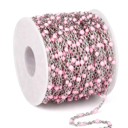 33FT 2mm Stainless Steel Pink Enamel Link Chains Bulk for Jewelry Making | 304 Stainless Steel Enamel Beaded Cable Chains Roll Spool for Necklace Bracelet Craft - color: Stainless Steel Pink Beads