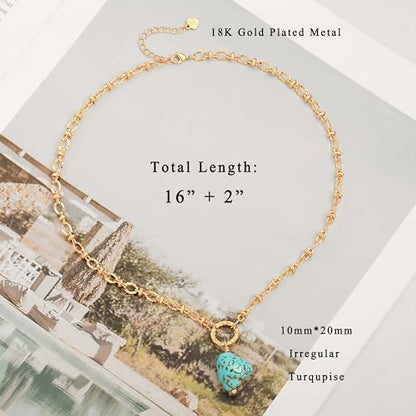 Aobei Pearl 18K Gold Plated Moon Star Lion Evil Eye Love Heart Cross Pendant Necklace Medallion Paperclip Chian Choker Layering Jewery for Women - color: Blue-green Irregular Turquoise