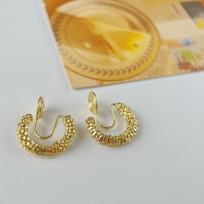 Clip On Hoop Earrings for Women Not Pierced Gold Silver Large Chnky Square Twisted Comfortable Coil Hoop Clip On Earrings - color: Metallic Gold