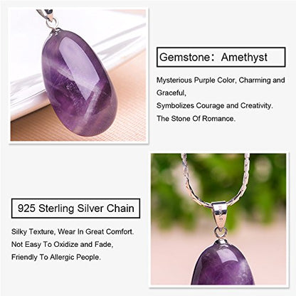 iSTONE 925 Sterling Silver Natural Crytral for Womens Pendant Necklace, Gemstone Birthstone with 17.8" Silver Chain Ladies - color: Amethyst Water Drop