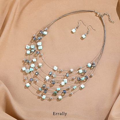 Multi-Layer Boho Shell Beaded Necklace for Women Colorful Crystal Strand with Silver Beads Statement Collars Necklace and Earrings Costumes Jewelry Sets for Women - color: Turquoise
