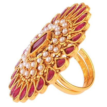 Efulgenz Indian Jewelry Ring Round Faux Pearl Crystal Adjustable Big Finger - color: Dark Pink