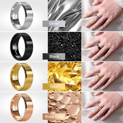 Romass 4Pcs Stainless Steel Rings for Men Women,Wedding Band Rings Bible Verse Silver/Black/Gold/Rose Gold 8MM Matte Surface,Beveled Polished Edge Mens Ring Gifts Jewelry Box 7-14 Inches