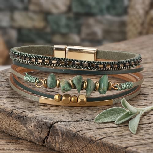 Wrap Bracelets for Women PU Leather Multi-Layer Boho Bracelet with Clasp Handmade Irregular Beads Cuff Bangle Stackable Jewelry Gift - color: Green