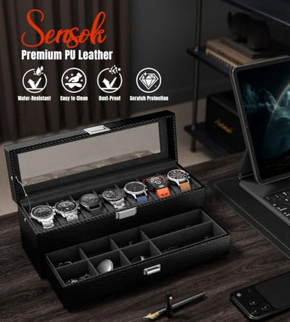 Watch Case Box for Men - 7 SLots Watches Storage Organizer Real-Glass Display Case with Jewelry Drawer 2-Layer Ti Pu Leather Collection Holder Gift for Love Ones Metal Black - size: 7 Slots, Metal Black