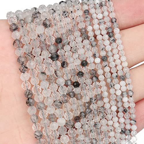 120pcs 3mm Natural Black Rutilated Quartz Gemstone Beads Faceted Round Loose Stone Beads for Jewelry Making (1 Strand) - color: Black Rutilated Quartz, size: 2.8-3.3mm