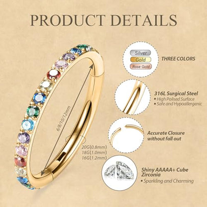 FUNLMO 20G 18G 16G 12G Nose Ring Hoop Conch Rook Daith Helix Tragus Piercing Jewelry 316L Surgical Steel Cartilage Earring Conch Hoop Earring Septum Jewelry Belly Lip Ring 5mm to 14mm - color: Gold-Multicolor CZ, 1pc