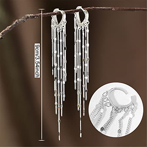 Chic Charm 14k Gold Silver Plated Big Chandelier Tassel Long Chain Geometry Huggie Hoop Dangle Drop Earrings for Women Statement Jewelry Gifts - color: Silver