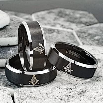 Personalized Engraved 8mm Brushed Satin Finish Black Tungsten Carbide Band Ring with Masonic Freemason's Logo & Polished Silver Beveled Edges.