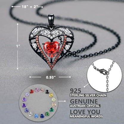 5 Heart I Love You Necklace for Women, Birthstone Crystal Pendant, Birthday Gift for Her, Wife, Mom, Rose Gold or Gunmetal Plated, 925 Sterling Silver Chain 18"+2" - color: 14-Ruby Garnet Red-GunMetal Plated
