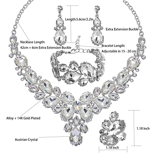 Women's Wedding Bridal Austrian Crystal Glass Teardrop Statement Necklace Dangle Earrings Bracelet Ring Wedding Party Jewelry Set for Bridal Bridesmaid - color: White-Platinum Plated