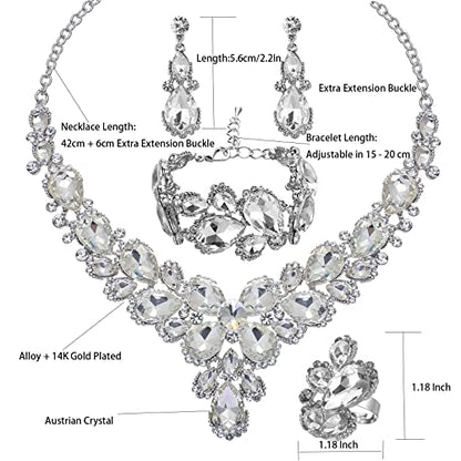 Women's Wedding Bridal Austrian Crystal Glass Teardrop Statement Necklace Dangle Earrings Bracelet Ring Wedding Party Jewelry Set for Bridal Bridesmaid - color: White-Platinum Plated