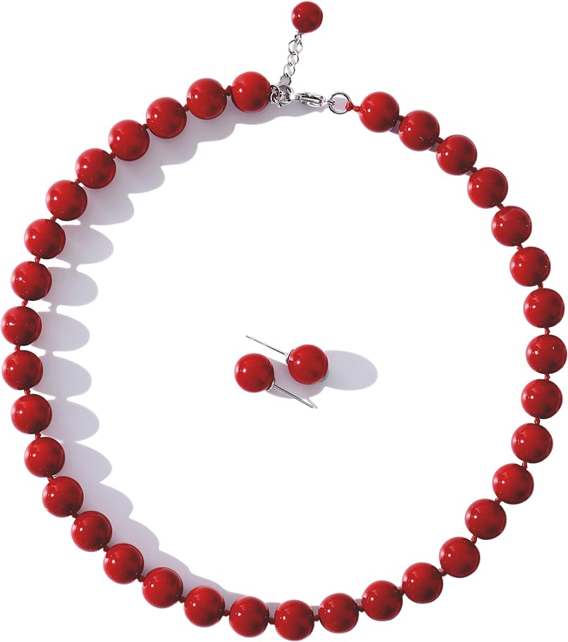 Red Hand Knotted Faux Pearl Jewelry Set for Women, Necklace Earrings | Glass Material, Gift, Party - style: 10MM 18inch Red